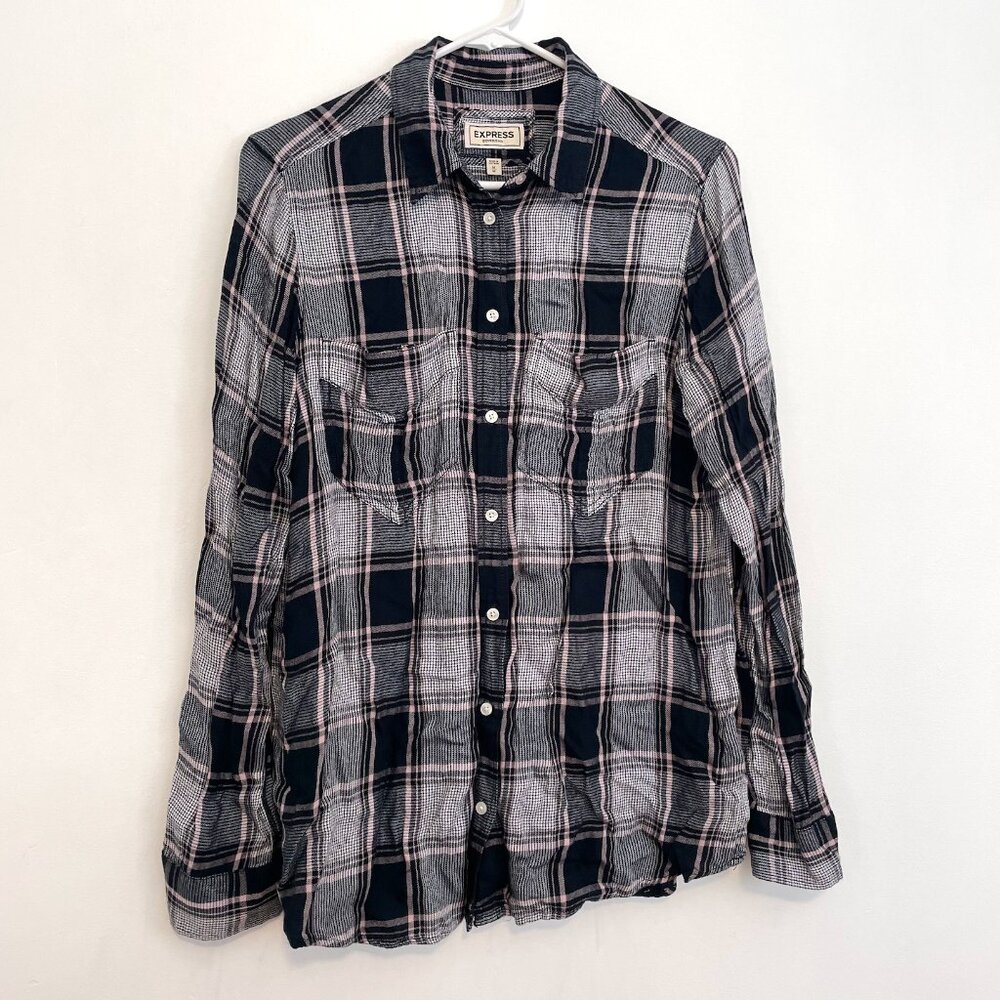 EXPRESS Patch Pocket Plaid Boyfriend Shirt Black White Flannel Button Down Tunic - Picture 2 of 16